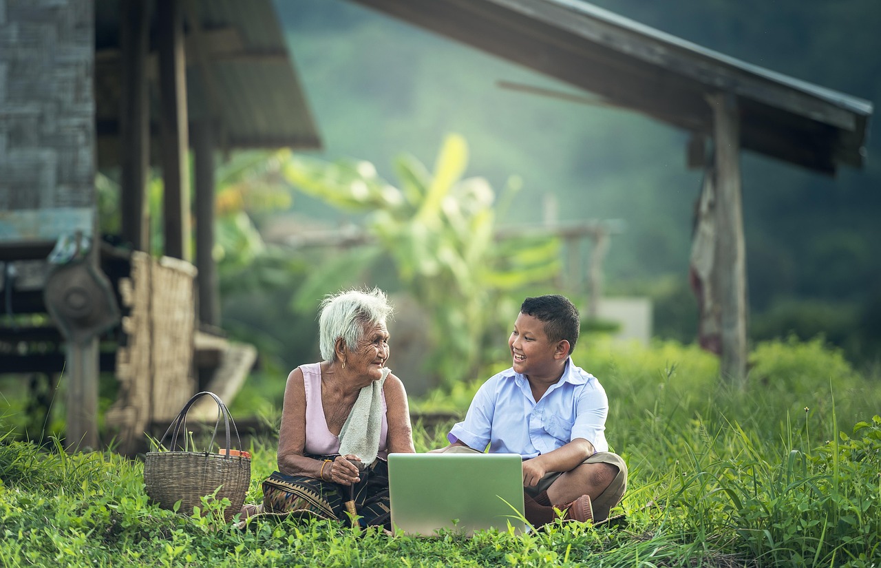 grandmother,  kids,  laptop,  myanmar,  burma