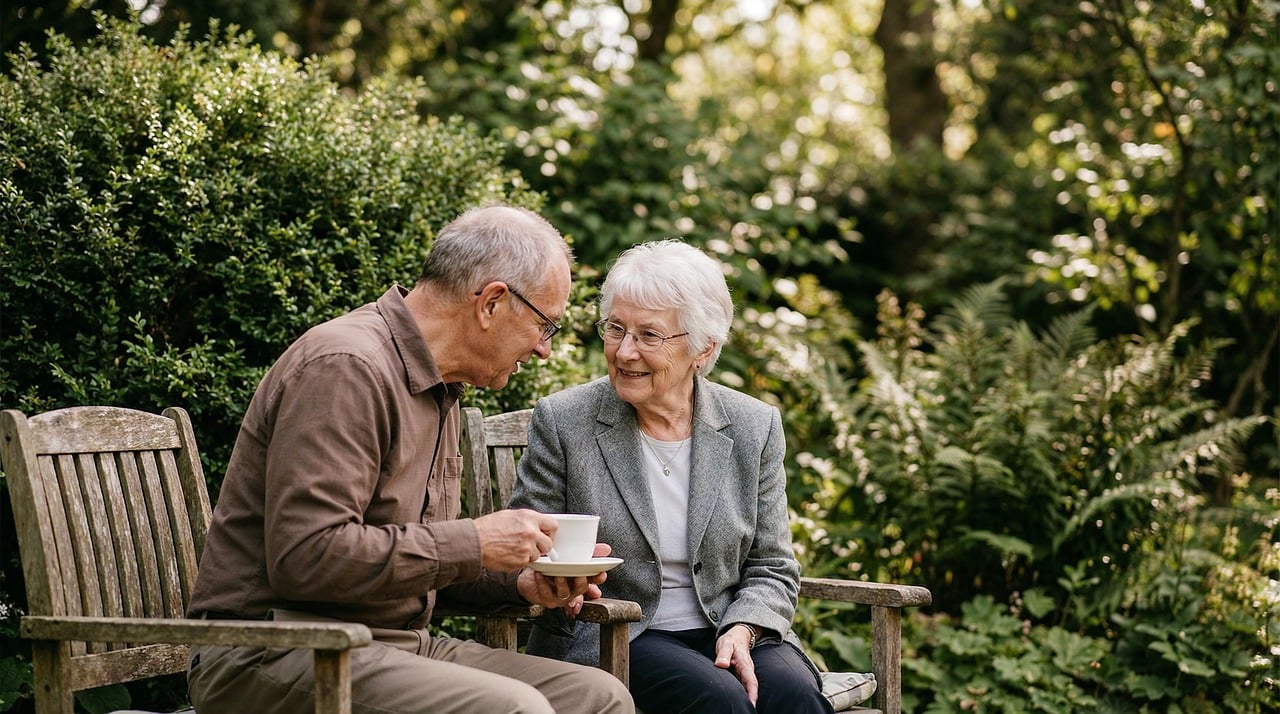 elderly,  couple,  garden,  conversation,  outdoors