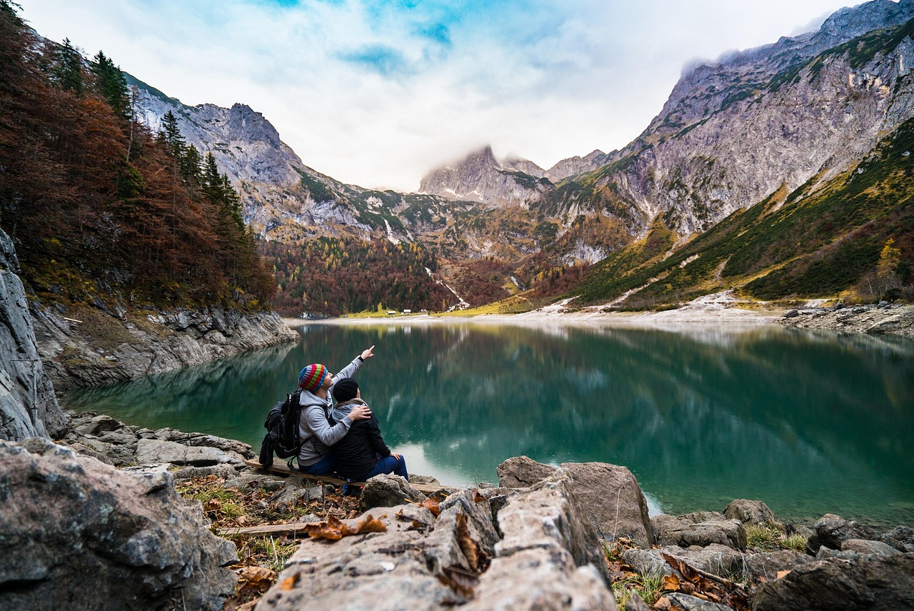 couple,  lake,  mountains,  point,  pointing